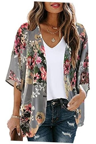Women's Floral Print Puff Sleeve Kimono Cardigan Loose Cover Up Large Dark Grey