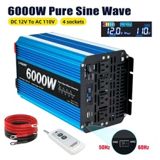 USB 4AC Pure Sine Wave Power Inverter 12V to 110V 3000W/6000W Converter Camping