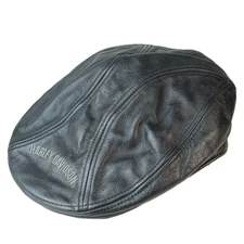 Harley-Davidson Black Leather Newsboy Flat Cap M 22" Motorcycle Biker Hat Logo