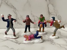 Lot of 5 Lemax Christmas Village Figures Snowball Fight Leapfrog Winter Snow