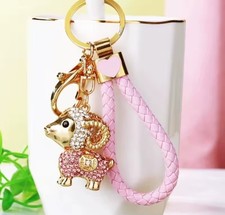 Sparkly Sheep Keychain Crystal Purse Charm Pendant with Braided Wristlet Strap