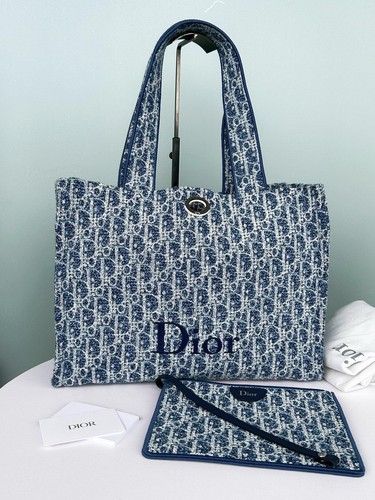 Excellent Christian Dior Spongy Book Tote MM Blue Shoulder Bag with Pouch Bag