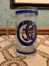 SS Norway NCL Cruise Line 22K Gold and Navy Blue Rain Design Glass Souvenir Mug