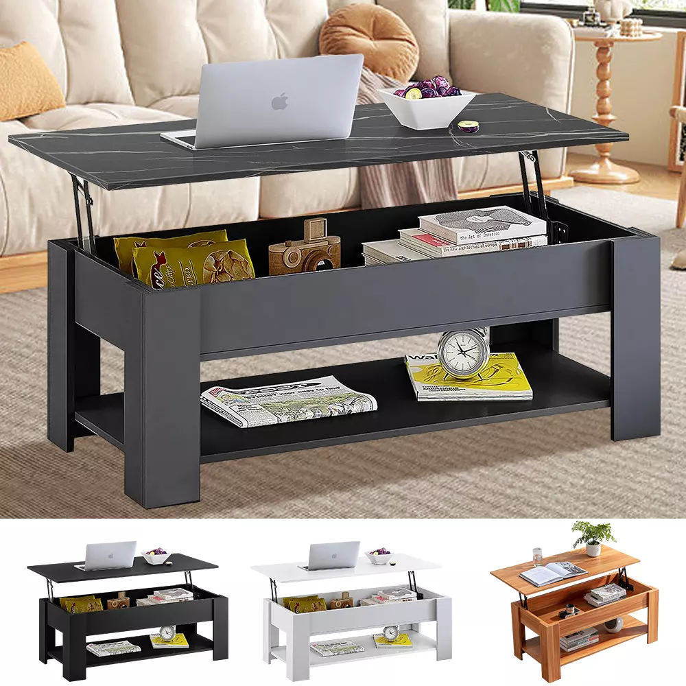 WOODEN COFFEE TABLE WITH STORAGE LIFT TOP UP DRAWER SHELF LIVING ROOM FURNITURE