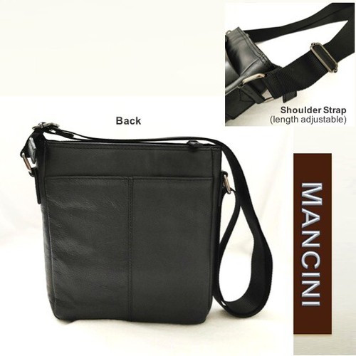 MANCINI Unisex Black Leather Tall Messenger Bag Padded Shoulder Crossbody Bag - Picture 4 of 12