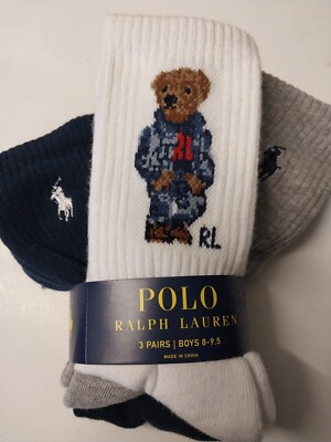 Big Boys Size 8-9.5 Ralph Lauren POLO Denim BEAR Crew Socks White Navy Grey 3pr.