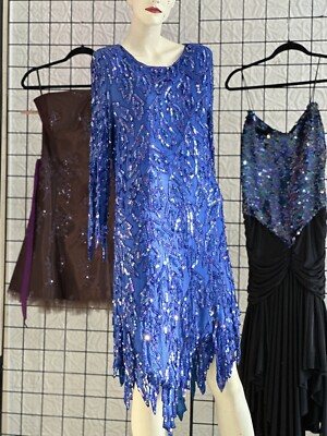 blue flame dress Vintage 1980s Silk Sequin Dress-Gown-Mini-cocktail-Small Mini dress Sexy Long A-line V-neck Noir Edits thigh length flared skirt SIZE:Custom Size