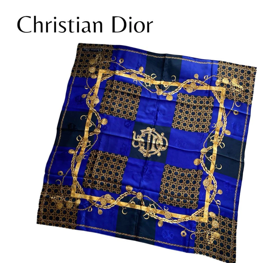 Authentique foulard Christian Dior motif emblème soie dorée 88 x 88 cm doré marine
