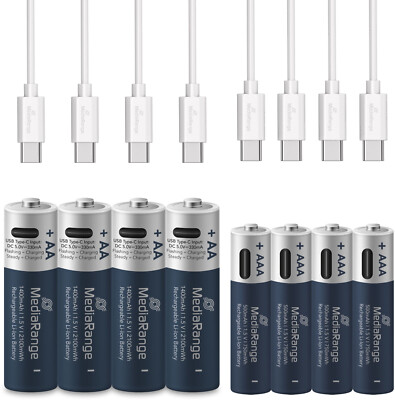 8er Pack (4x AA und 4x AAA) Mediarange Akku mit USB-C Anschluss Li-Ion Ladekabel