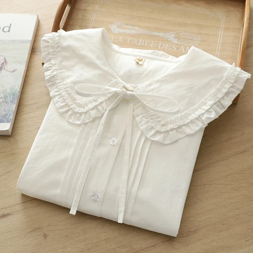 Linda Blusa Tostada Francesa Lolita 3 Capas Cuello Peter Pan Camisa Blanca Manga Larga - Imagen 4 de 12