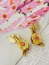 Christian Lacroix Vintage Clear Yellow Pink Flower Leaf Curled Chunky, Earrings