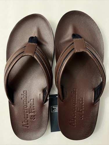 Abercrombie u0026 Fitch Mens M Dark Brown/ Navy Stripe Leather Flip Flops  Sandals | eBay