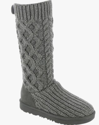 UGG Kids Girls Classic Cabled Knit Grey Sweater Boots Tall/Short