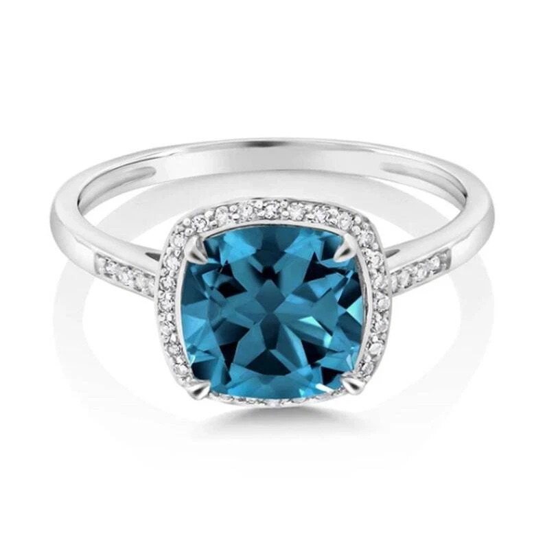 Natural Blue Topaz Gemstone Halo Women Engagement Ring 925 Sterling Silver Ring