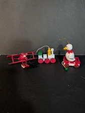 Vintage Wood Christmas Plane Train Goose Tree Ornament Retro 