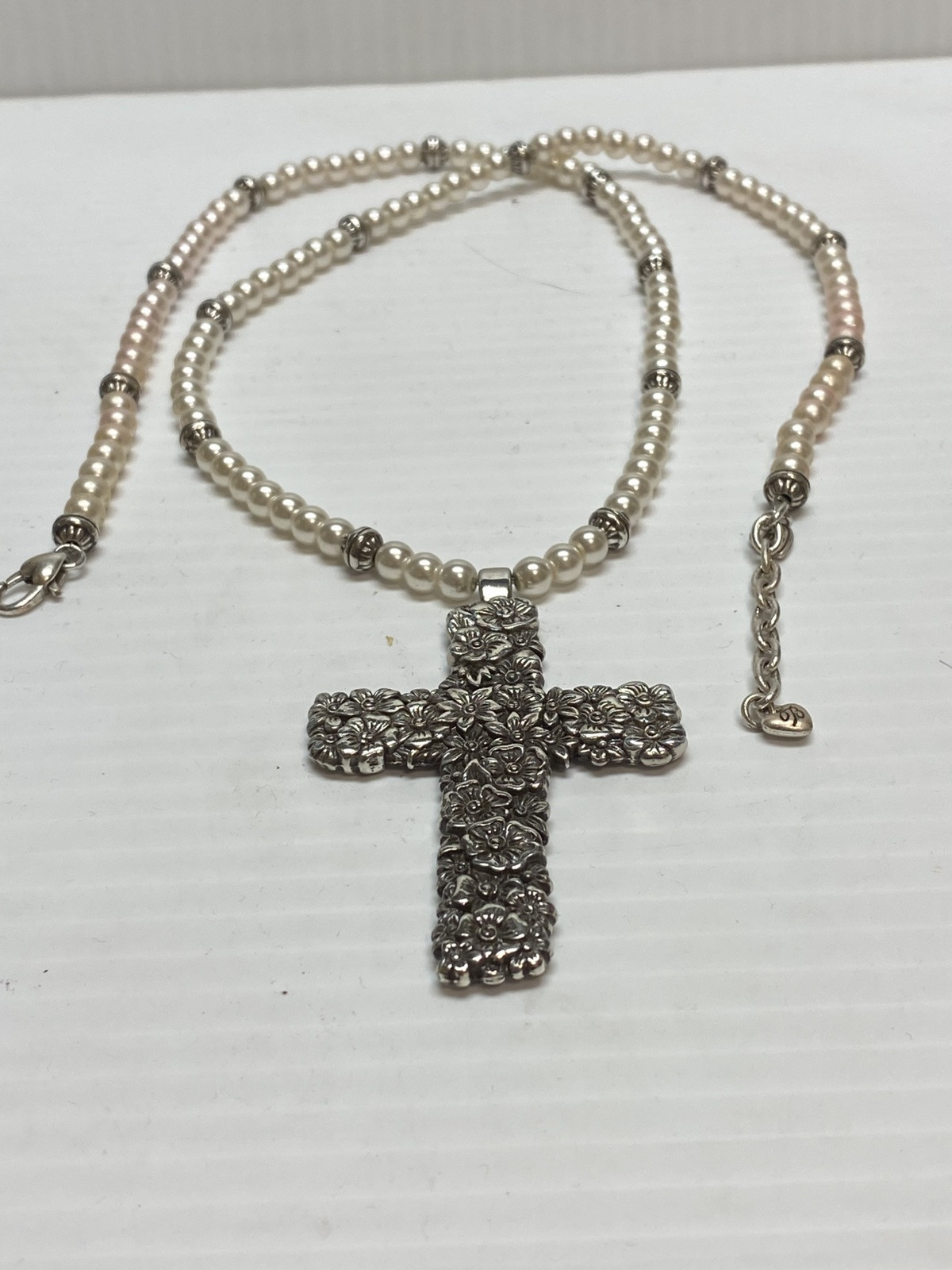 Brighton Flower Cross Pendant, Pearl And Silver Beaded Long Necklace 32-34’l