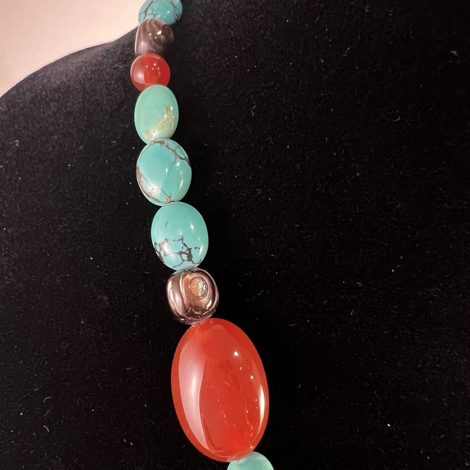 Colar Vintage Barse 925 PRATA ESTERLINA TURQUESA CORNALINA QUARTZO ESFUMAÇADO - Imagem 3 de 4