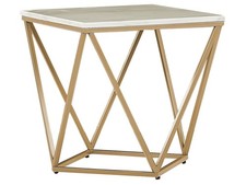 Moderner Beistelltisch geometrisch beige Marmor Optik mit goldenen Beinen Malibu