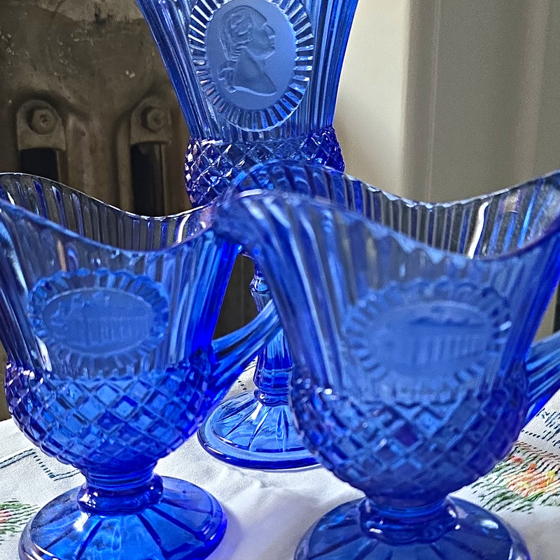 Blue Pressed Glass Creamer Avon Set of 2 Cameo Design And Candle Holder.
