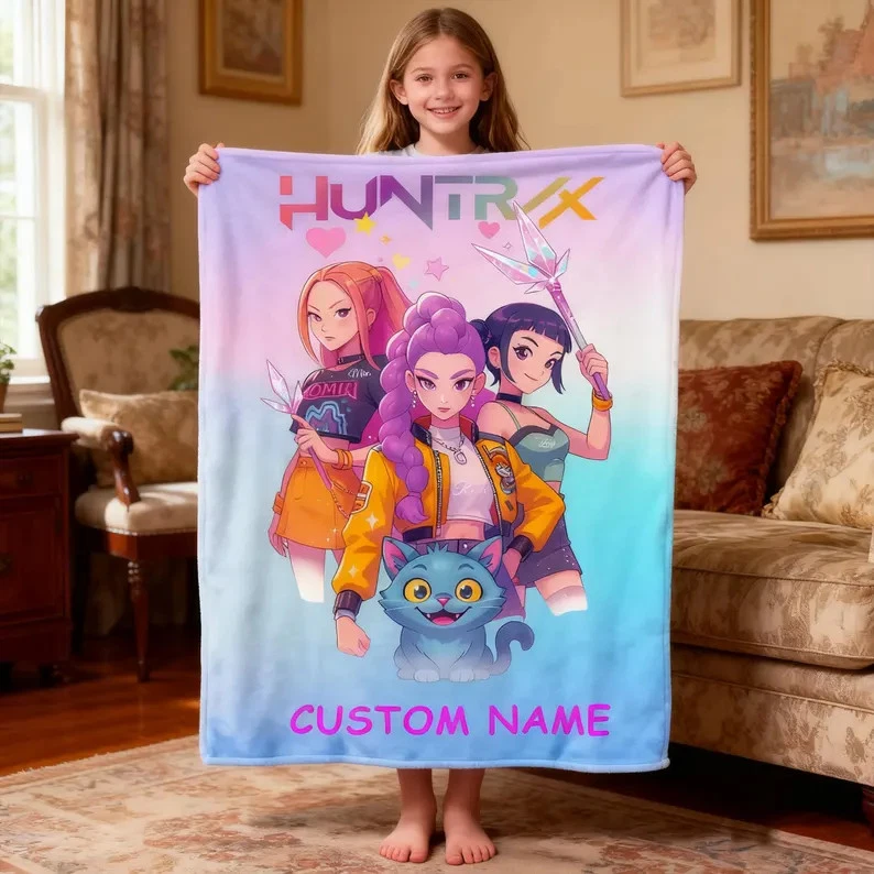 Custom Kpop Demon Hunters Blanket With Name, Personalized Huntrix Fleece Blanket