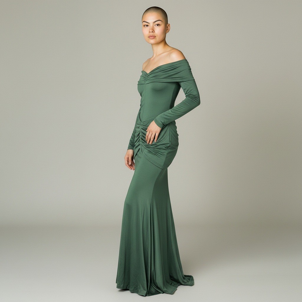 MUSERA Dress Womens Small Green Off Shoulder Ruched Mermaid Maxi Gown Formal