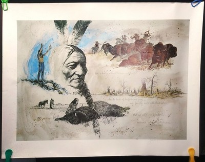 SIGNED litho art print SITTING BULL MEMORY by JACK HINES Native American BUFFALO