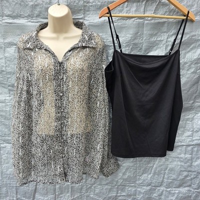 Bonmarche 2 Piece Blouse & Cami Set UK 18 Black White Metallic Sheer Top NWT