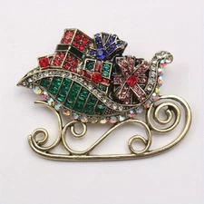 Rhinestone Inlaid Christmas Sled Brooch Green Gemstone High Quality Large Pins