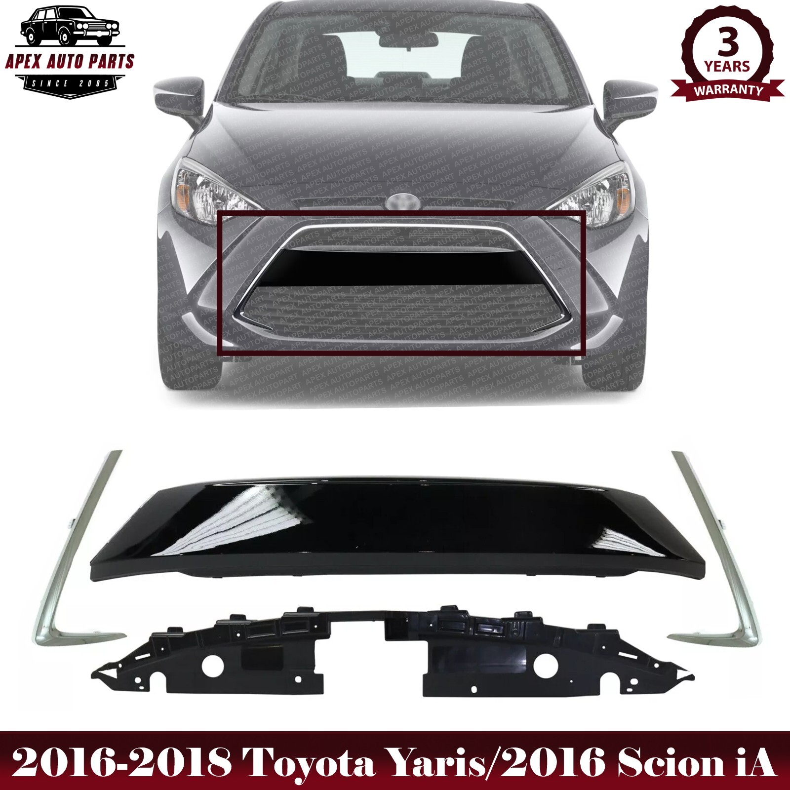 Front Bumper Upper Grille +inner Support +Chrome Moldings For 16-18 Toyota Yaris