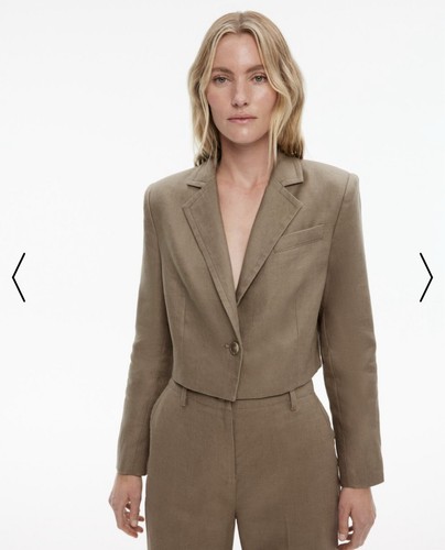 Witchery Size 8 Jacket Green Khaki Cropped Linen Long Sleeve Blazer