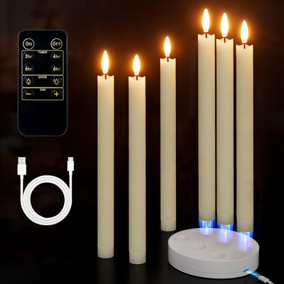 Rechargeable Flameless Taper Candles with Charging Station 6Pcs Real Wax Battery