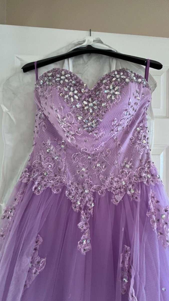fitted lace wedding dress Ellie Wilde EW36015 Size 2 Purple Lace Prom Dress main image 1