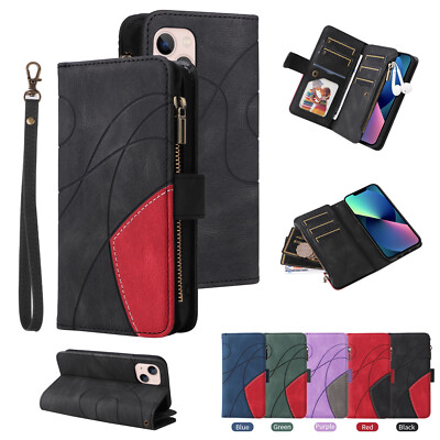 Für iPhone 11 12 13 14 15 16 17 Reißverschluss Leder Flip Wallet Case Handyhülle