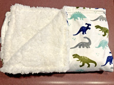 Modern Baby Blue Green Gray Dinosaur Baby Blanket White Sherpa Back Very Soft