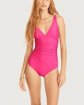 J.Crew Ruched V-Neck One Piece Swimsuit Radiant Fuchsia Sz 12 Vacation Resort