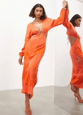 ASOS EDITION Long Sleeve Tonal Floral Embroidered Midi Dress in Bright Orange Si