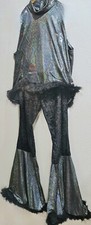 Sz S LADIES BLACK SILVER SEQUIN DIVA HOLOGRAM 2pc PANTS  TOP COSTUME DANCE NEW