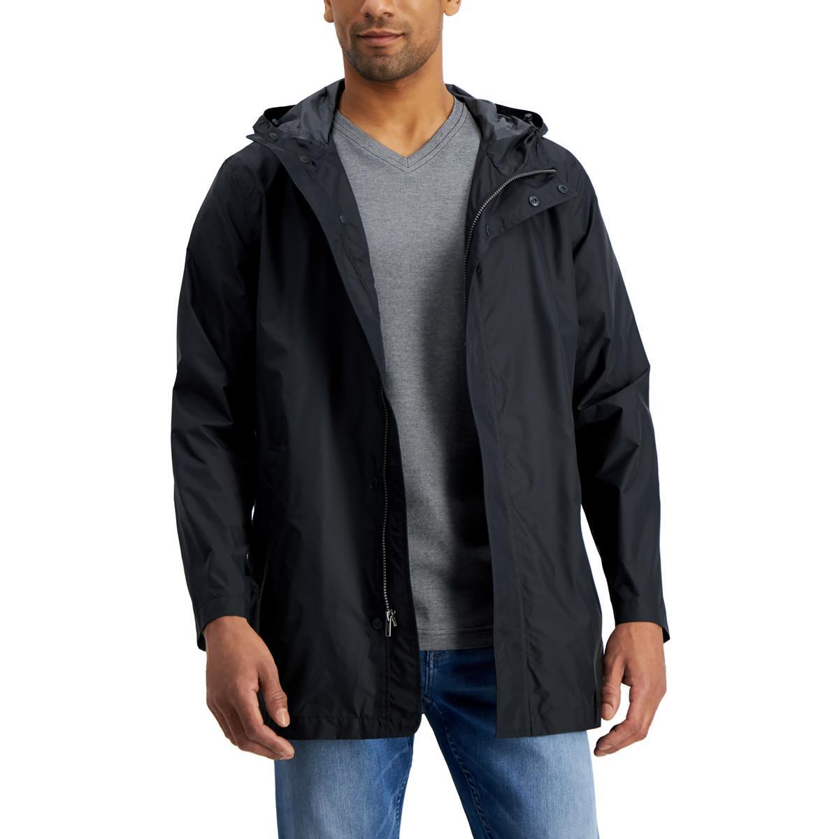 Alfani Mens Black Lightweight Packable Mid Length Raincoat Jacket L BHFO 3455