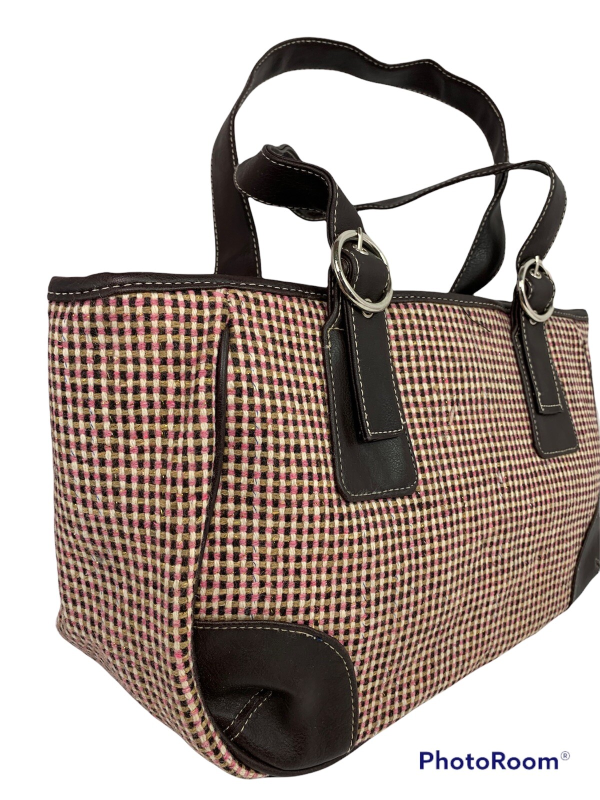 Tweed Tote Bag with Faux Leather Trim in Pink Brown Cream 9x15x5-image