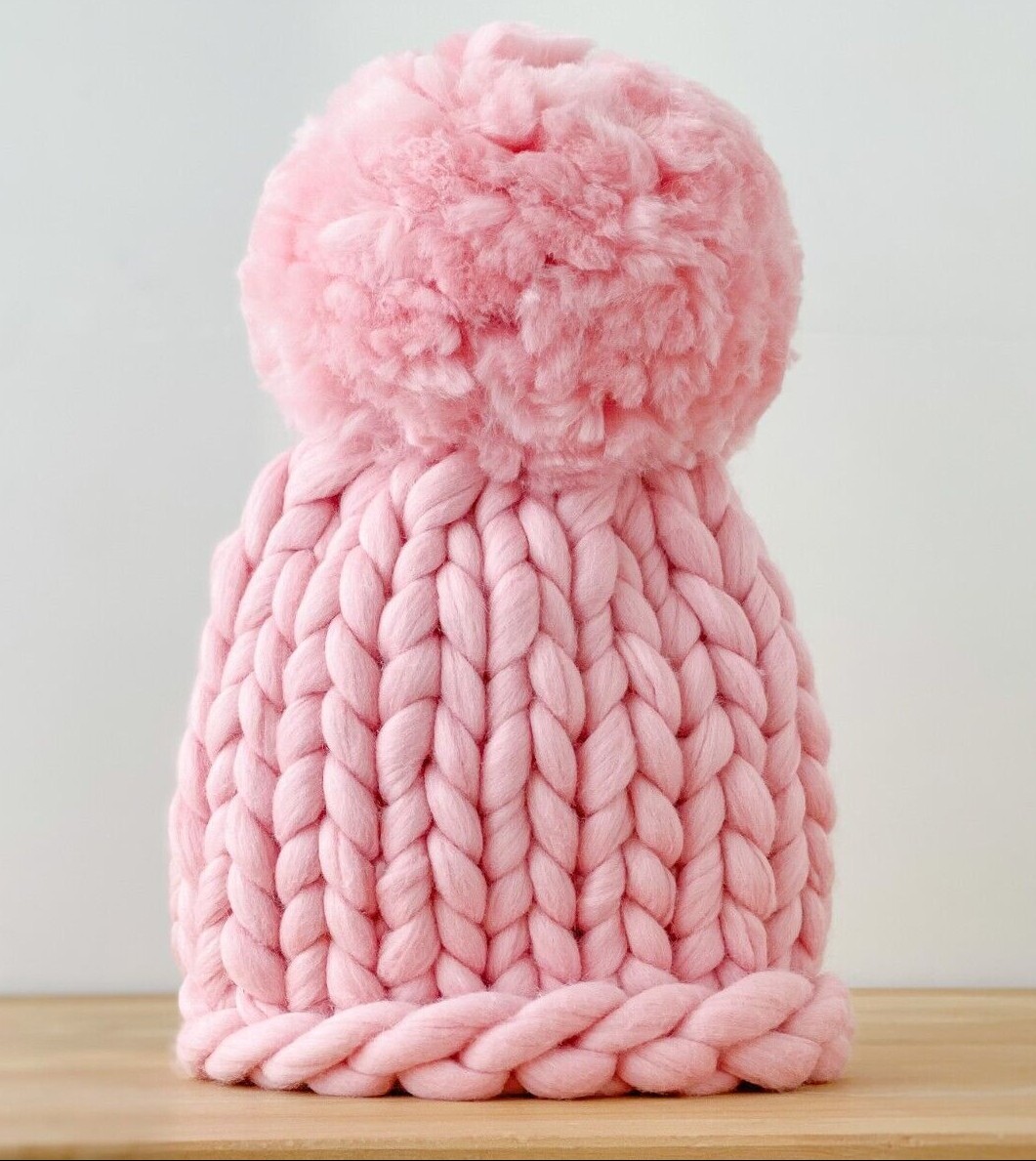 Chunky Knit Cozy Hat Handmade in Ukraine Pink Giant pompom Chunky Knit Hat Fur Pom Pom, Fuchsia Bobble Knit Hat, Merino  main image 4