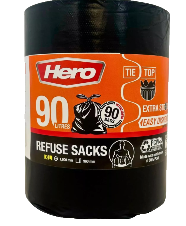 12 -90 x Hero Heavy Duty Bin Bags 90l Strong Refuse Sacks Tie Top