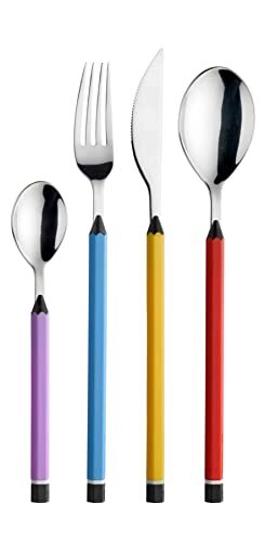 Bisda Posate manici colorate oro acciaio inox Set di posate 16 pezzi stoviglie ecologiche posate Servizio per 4 cucchiaio da minestra Forchetta da tavola Coltelli cucchiaini da tè