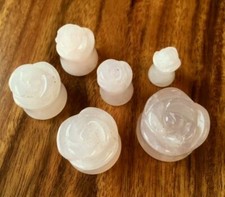 PAIR Rose Quartz Flower Stone Plugs Carved Pink Double Flare Organic Gauges