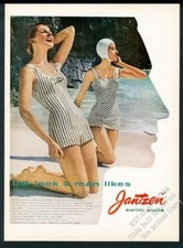 1957 Jantzen women's swimsuit 2 women beach color photo vintage print ad