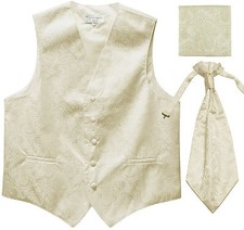 New Men's Paisley Tuxedo Vest Waistcoat Ascot Cravat Hankie Wedding Ivory