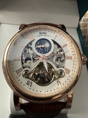 BIBI Luxury Watch Mechanical Skeleton Moon Phase Rose Gold Brown Leather w/ Box