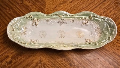 Antique Oval Porcelain Celery Serving Dish with Raised Design & Gold Accents
