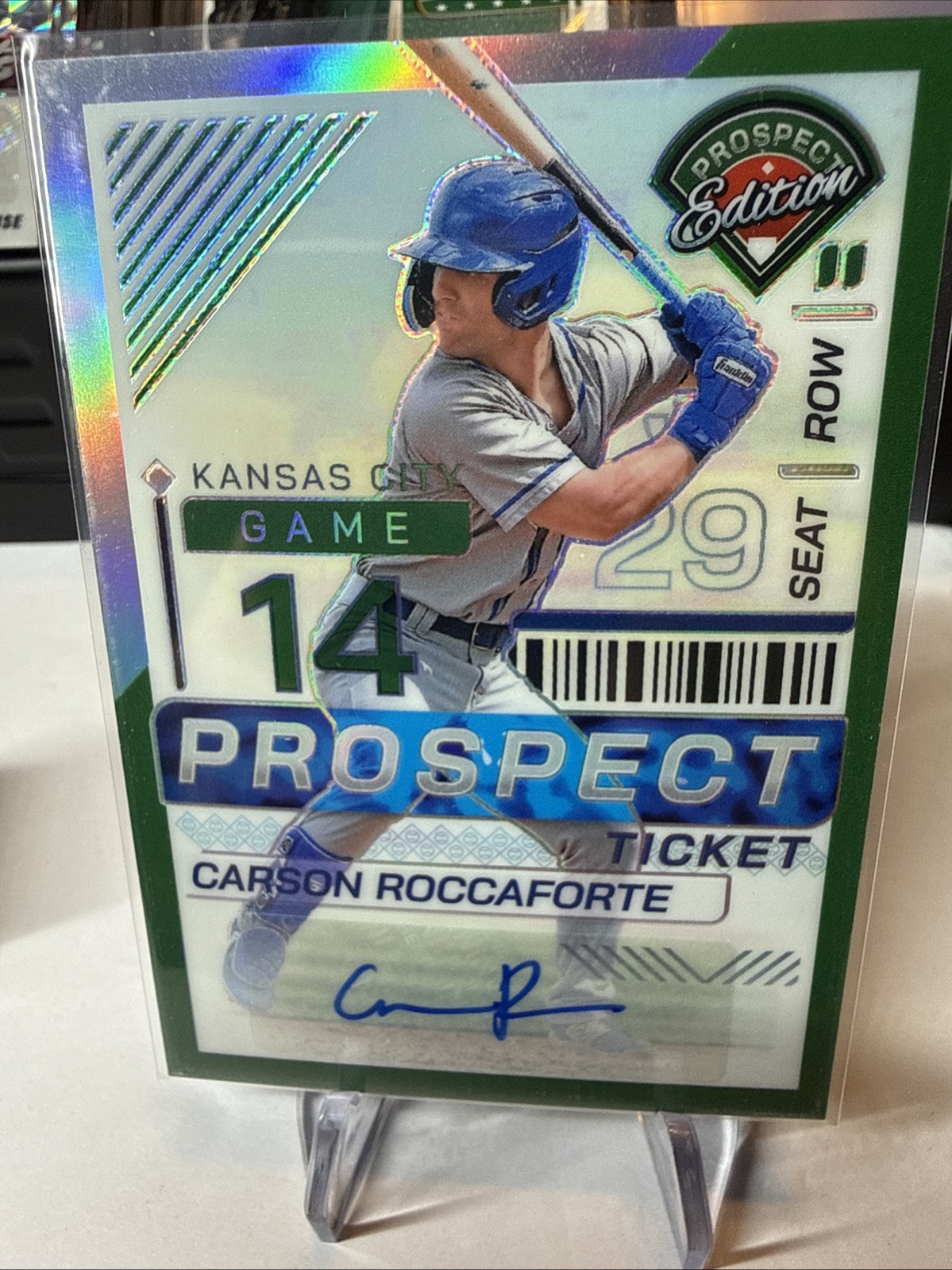2024 Carson Roccaforte Panini Prospect Edition Green Holo Auto MLB #182 Royals