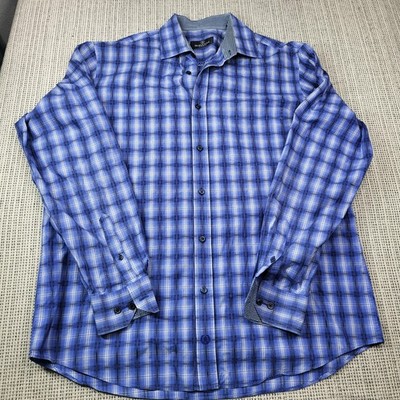 Bugatchi Uomo Shirt Mens XL Blue Plaid Long Sleeve Button Front Casual Woven