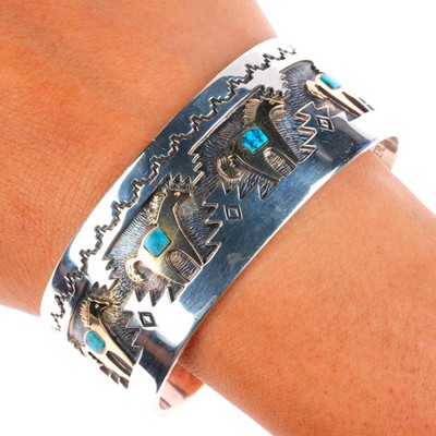 7'' Dina Huntinghorse 14k sterling silver turquoise Native American cuff bracelet